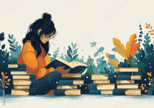 Young Woman Reading Outdoors Surrounded By Stacks Of Books, Minimalistic Vector Illustration - Concept Of Learning, Knowledge, And Relaxation