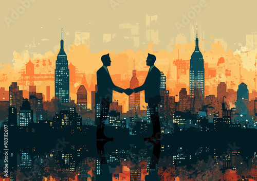 Businessmen Shaking Hands with Skyline in the Background, Minimalistic Vector Illustration of Corporate Partnership in Urban Setting, Business Concept, Professional Agreement at Dusk