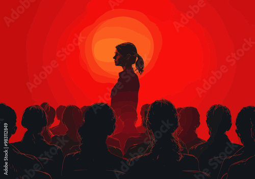 Female Leader Giving Lecture to Team in Red-Hued Minimalistic Vector Illustration, Education and Presentation Setting, Empowering Mood