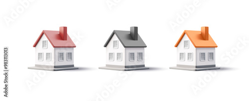 Set of modern realistic houses with colored roofs, 3D. Minimalist icons of houses. Rent, purchase, and mortgage on country real estate. Comfortable family accommodation. Vector