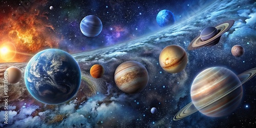 A Cosmic Symphony Planets Aligned in a Starry Canvas, nebula, gas giant, cosmic dance, space exploration, universe, galaxy