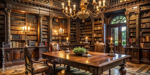 A Grand Library With Ornate Details and a Chandelier, interior, bookshelf, candle, table, chair, luxury