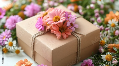 A gift box with a bouquet of flowers on a white background