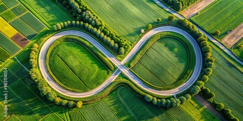 Aerial View of a Winding Road Forming an Infinity Symbol in Green Fields, drone photography, nature , infinity symbol