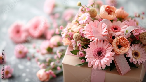 A gift box with a bouquet of pink flowers on a white background