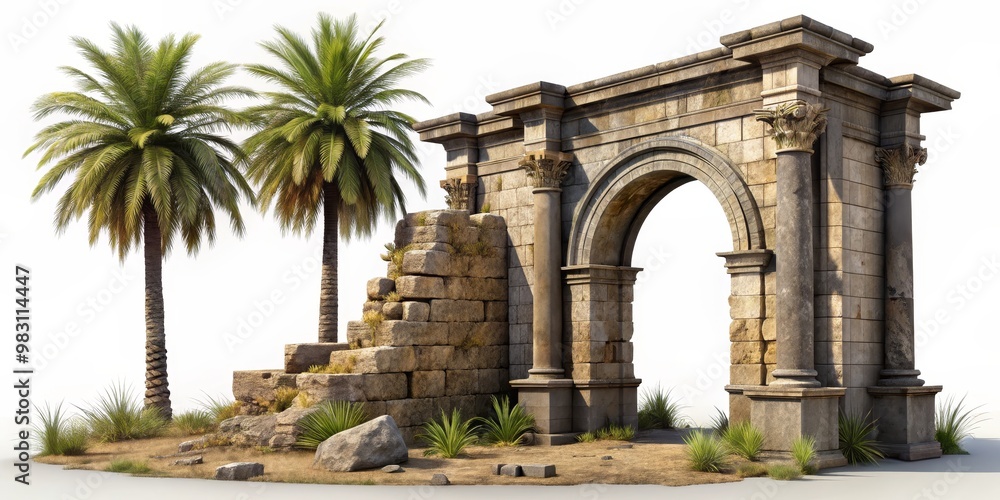 Ancient Elegance Crumbling Roman Archway with Intricate Carvings and Palm-Leaf Columns, Framed by Lush Palm Trees Against a Bright White Background, Evoking Timeless History and Ancient Elegance Crumbling Roman Archway with Intricate Carvings and Palm-Leaf Columns, Framed by Lush Palm Trees Against a Bright White Background, Evoking Timeless History and