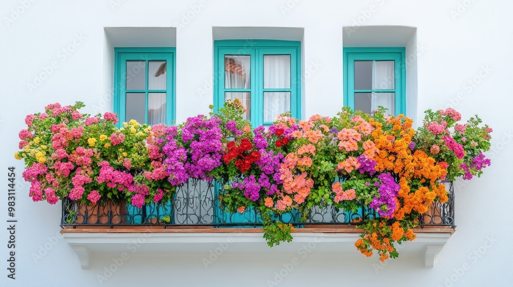 Colorful Balcony with Vibrant Flowers and Turquoise Windows on a White Wall in a Mediterranean Setting Colorful Balcony with Vibrant Flowers and Turquoise Windows on a White Wall in a Mediterranean Setting