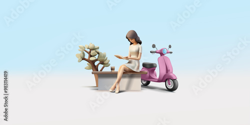 A girl reads a book at her leisure on a bench near a tree in the park, 3d. A cute character of a young girl reading her favorite books. Retro scooter, for pleasure and movement around the city. Vector