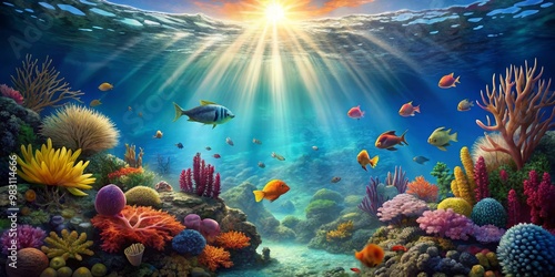 Fototapeta Naklejka Na Ścianę i Meble -  Beneath the Waves A Vibrant Coral Reef Symphony under the Sun's Glare - An Immersive Dive into Nature's Kaleidoscopic Beauty