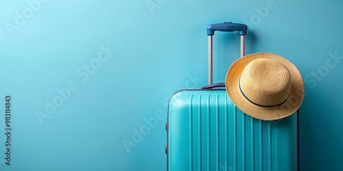 Carefree Wanderlust Vibrant Teal Suitcase and Straw Hat Set Against Light Blue Background Minimalist Composition Elicits Travel and Summer Vacation Vibes photo