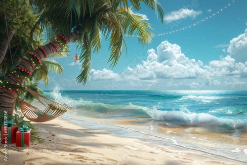 A tropical beach scene with a palm tree, presents and a hammock. The ocean is calm and the sky is blue. photo