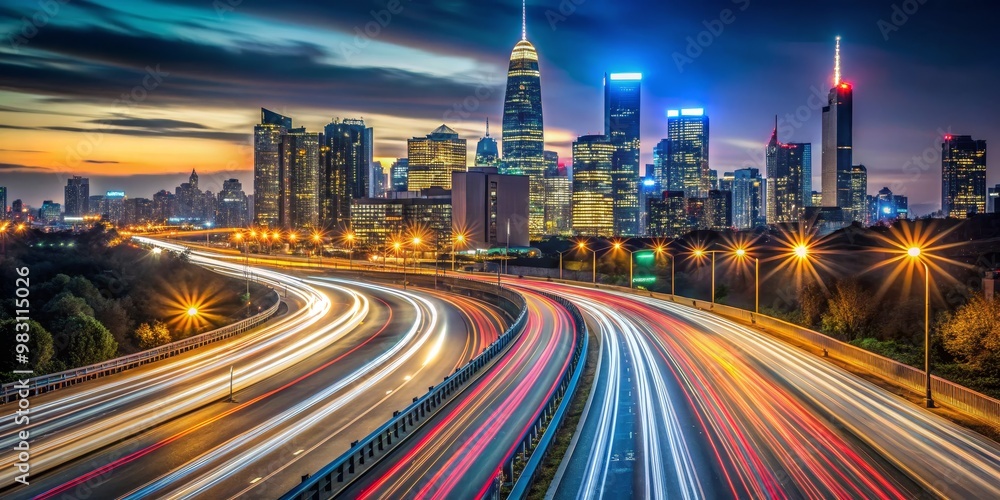 Fototapeta premium Cityscape with Light Trails on a Highway, Night, City, Light Trails, Traffic, Night Photography, Urban Skyline