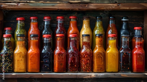 A variety of hot sauces in glass bottles displayed on a wooden shelf.