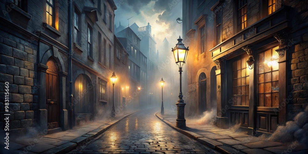 Cobblestone Alleyway with Foggy Atmosphere, Digital Painting, Nighttime Street with Gas Lamps, Victorian Architecture, Mystery, Fog, Gaslight Cobblestone Alleyway with Foggy Atmosphere, Digital Painting, Nighttime Street with Gas Lamps, Victorian Architecture, Mystery, Fog, Gaslight
