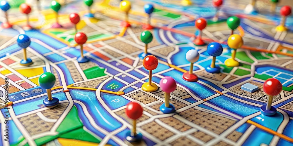 Fototapeta premium Colorful Pushpins on a City Map, Close Up, GPS Navigation, Location, Map, GPS, Travel