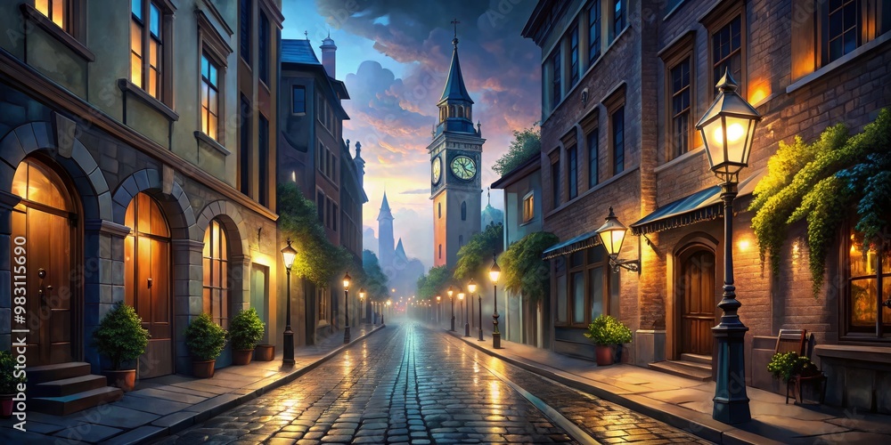 Fototapeta premium Cobblestone Street with Clock Tower at Dusk, Digital Painting, Architecture, Cityscape, Night, Urban, European