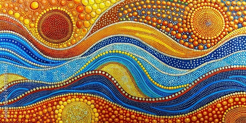 Close-up of Vibrant Abstract Dot Technique Painting Curved Lines in Red, Orange, Yellow, Blue, and White Create Dynamic Movement and Texture, Evoking Joy and Celebrating