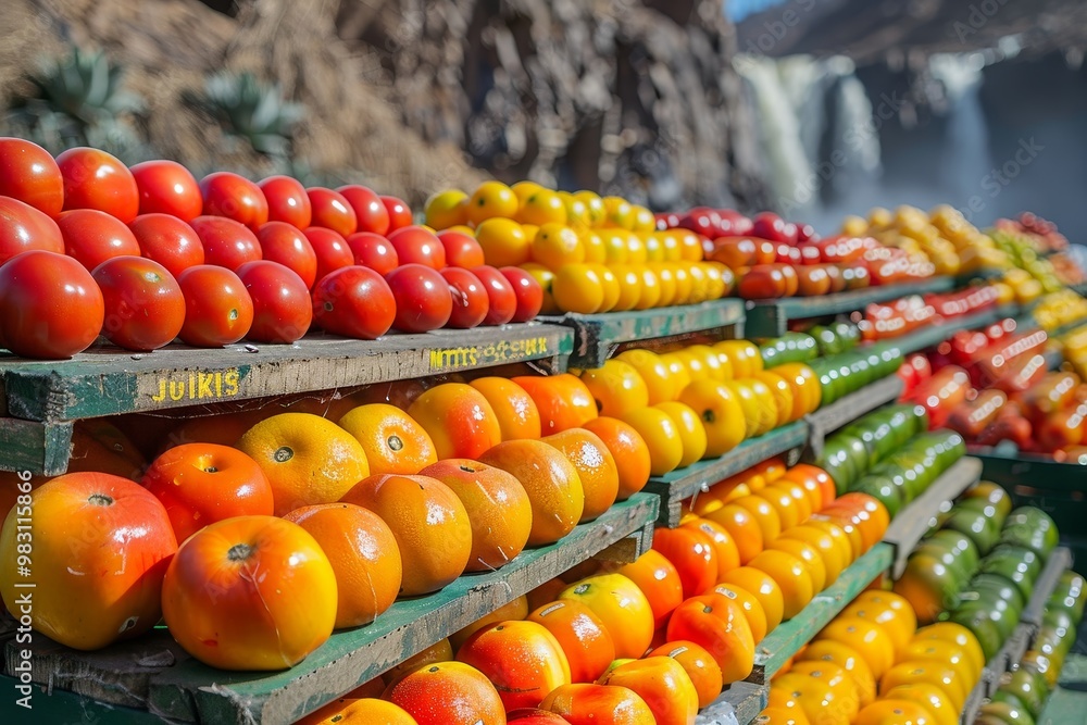 A vibrant display of fresh fruits and vegetables at a market stand, with a cascading waterfall in the background.