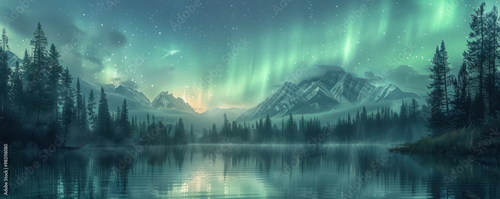 Fototapeta premium Stunning Northern Lights illuminate night sky over mountains, reflecting on a serene lake.
