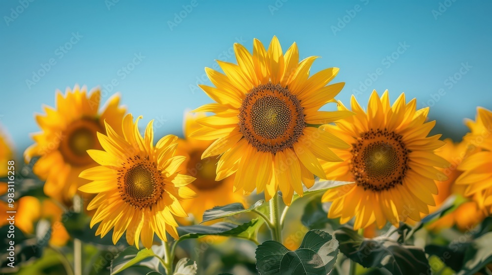 A vibrant field of sunflowers basking in the warm sunshine against a clear blue sky. A vibrant field of sunflowers basking in the warm sunshine against a clear blue sky.