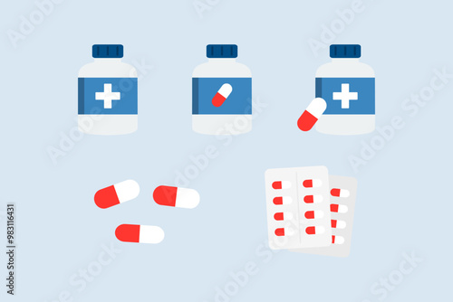 Medical pill bottle icon set. Healthcare, prescription, supplement, treatment concept. Flat vector design illustration isolated on background.