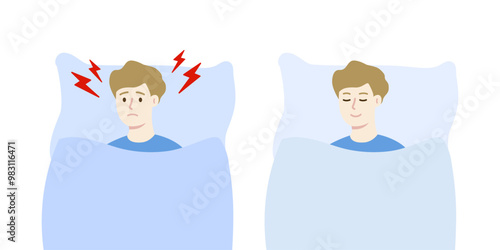 Tired boy with sleeping problem. Happy boy having sweet dream. Healthcare, insomnia, sleep disorder, stress, anxiety, lifestyle concepts. Flat people character vector design isolated illustrations.