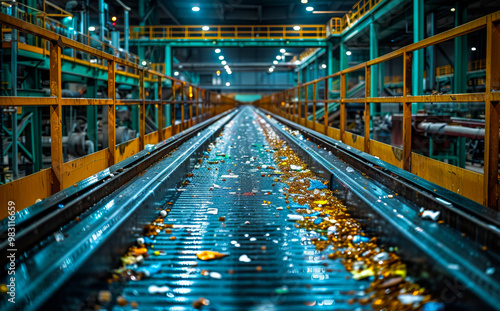 Night warehouse with polluted conveyor belt. An abandoned conveyor belt in an industrial area is lit by overhead lights, revealing litter and raising environmental concerns.