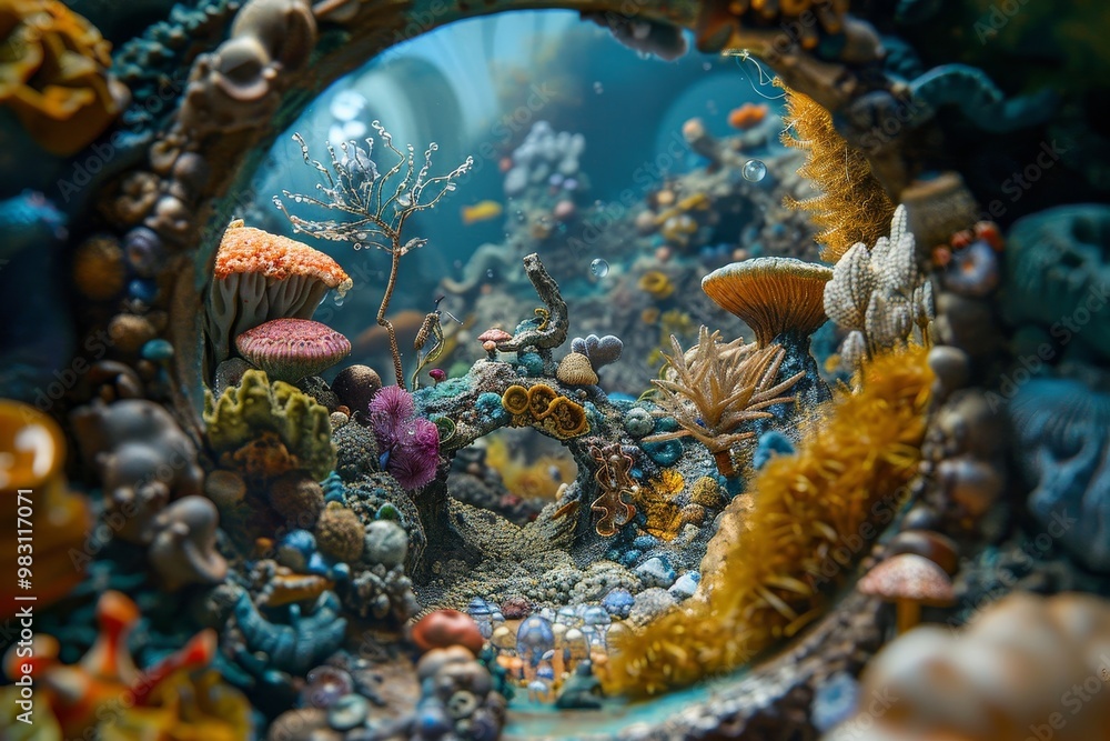 Fototapeta premium A vibrant underwater scene with colorful coral, fish, and seaweed viewed through a round window.