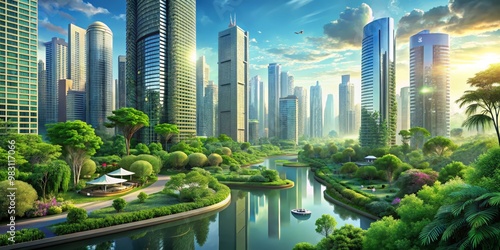 Futuristic Cityscape A Wide Shot of Glass and Steel Skyscrapers Mirrored by Lush Greenery, with a Serene River Leading to Harmony and Sustainability in Vibrant Colors and Tranquil