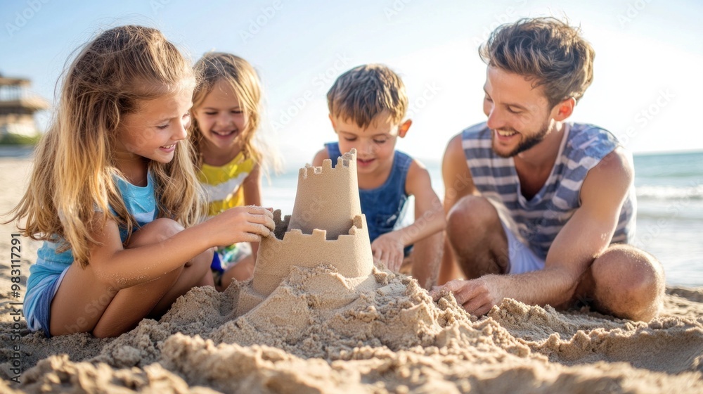 A group of children and an adult gather around a sandcastle they are constructing on a warm beach, laughing and sharing joy during their summer vacation A group of children and an adult gather around a sandcastle they are constructing on a warm beach, laughing and sharing joy during their summer vacation