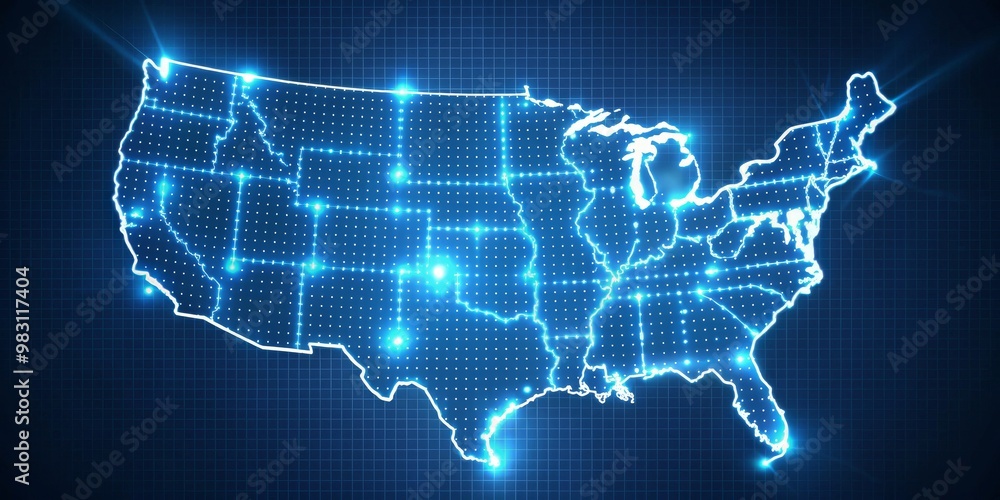 Glowing Neons and Digital Visions Illuminated US Map with Futuristic Network Grid - Embracing Connectivity in a Modern Era Glowing Neons and Digital Visions Illuminated US Map with Futuristic Network Grid - Embracing Connectivity in a Modern Era