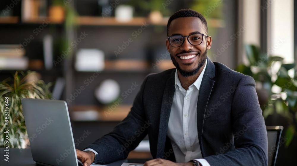 A confident man is seated at a desk, smiling broadly while working on a laptop. The bright office features greenery, creating a welcoming atmosphere A confident man is seated at a desk, smiling broadly while working on a laptop. The bright office features greenery, creating a welcoming atmosphere