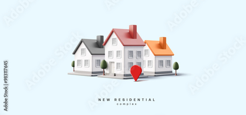 New modern residential complex. 3D realistic buildings of country houses. Houses for comfortable living. For the concepts of buying, selling, investing, renting. Vector
