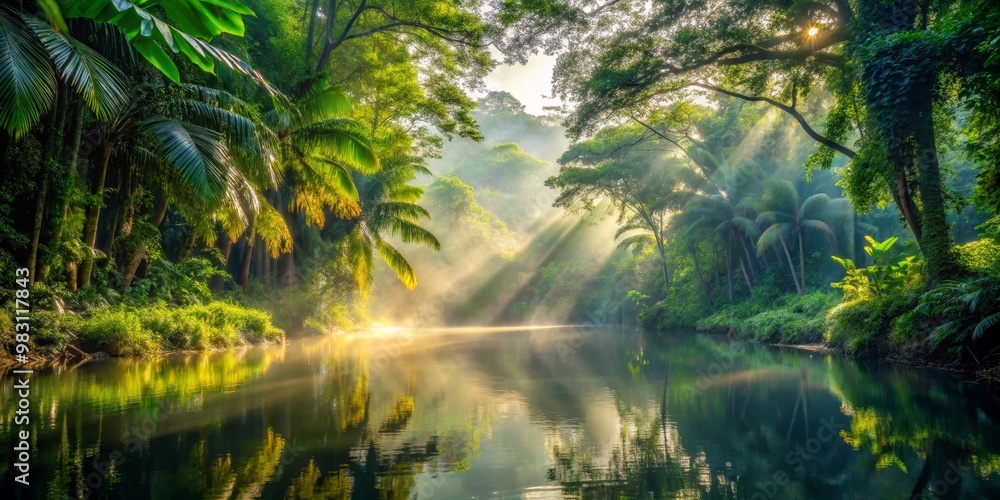 Golden Rays Piercing Through Tropical Jungle, Sunlight, River Reflection ,tropical, jungle, sunrise Golden Rays Piercing Through Tropical Jungle, Sunlight, River Reflection ,tropical, jungle, sunrise