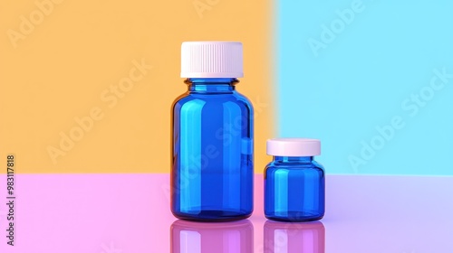 Two blue glass bottles, one large and one small, are positioned together against a vibrant pastel background, showcasing their distinct shapes and colors in a stylish arrangement