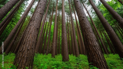 A dense forest features towering trees that stretch high into the sky, surrounded by a rich carpet of greenery. The overcast sky enhances the serene and peaceful setting