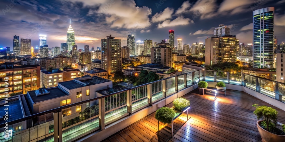 Inviting Rooftop Terrace at Night Angled View of Warmly Lit Wooden Deck with Potted Trees and Metal Table Overlooking a Moody City Skyline under Dark Blue Sky with Wispy Clouds Inviting Rooftop Terrace at Night Angled View of Warmly Lit Wooden Deck with Potted Trees and Metal Table Overlooking a Moody City Skyline under Dark Blue Sky with Wispy Clouds