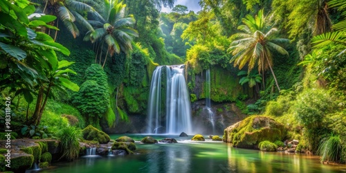 Lush Tropical Rainforest Waterfall Serene Central Composition with Silky Cascading Water, Mossy Rocks, and Sunlit Green Foliage Creating Depth and Tranquility