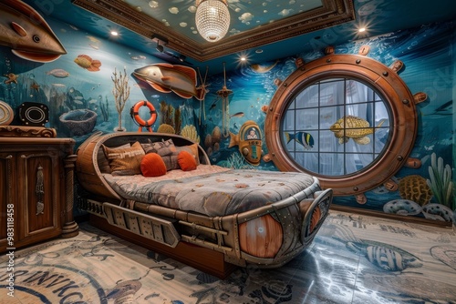 A whimsical nautical themed bedroom with a ship bed, underwater mural, and porthole window. photo