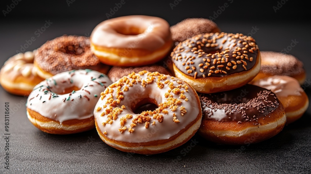 A delicious assortment of donuts featuring various toppings and flavors, perfect for any sweet tooth craving. A delicious assortment of donuts featuring various toppings and flavors, perfect for any sweet tooth craving.