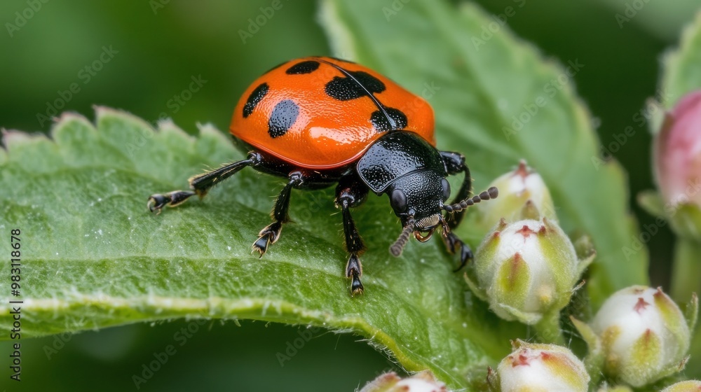 A colorful ladybug with distinct black spots crawls on a lush green leaf, exploring the nearby flower buds in a garden under bright daylight A colorful ladybug with distinct black spots crawls on a lush green leaf, exploring the nearby flower buds in a garden under bright daylight