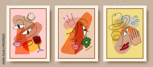 Colorful abstract background of faces. Vector design of geometric shapes and lines in the cubist style