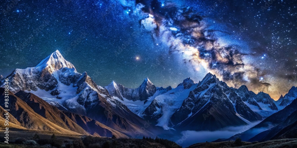 Naklejka premium Majestic Mountain Range Under a Starry Night Sky Captivating Landscape Photograph Featuring the Dramatic Milky Way, Deep Blue Sky, and Snow-Capped Peaks, Evoking Awe and