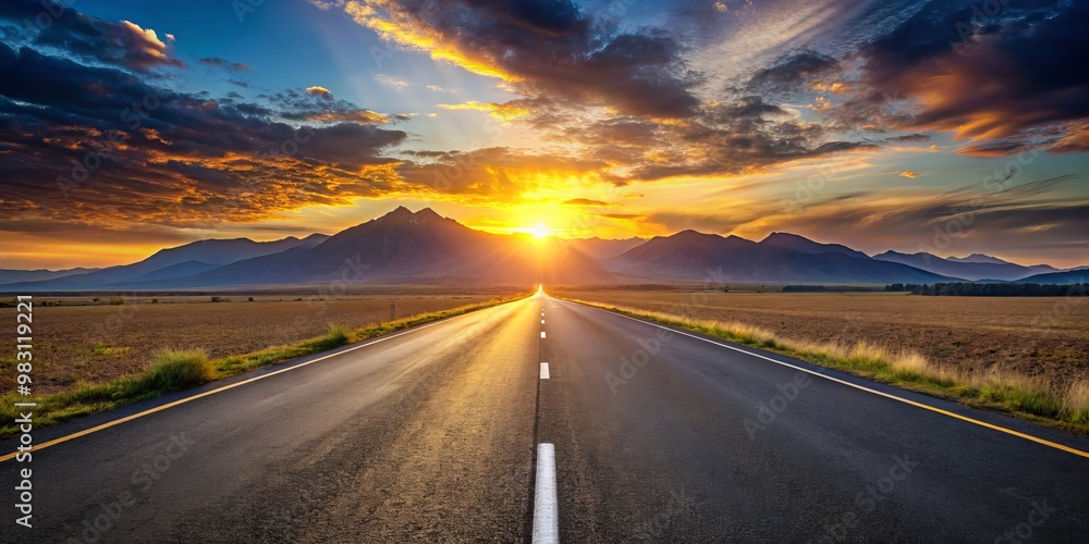 Majestic Mountain Sunset A Panoramic View of a Long, Straight Road with Leading Lines and Vibrant Orange-Yellow Skies, Evoking Peace and Endless Possibility in Nature's Grandeur Majestic Mountain Sunset A Panoramic View of a Long, Straight Road with Leading Lines and Vibrant Orange-Yellow Skies, Evoking Peace and Endless Possibility in Nature's Grandeur