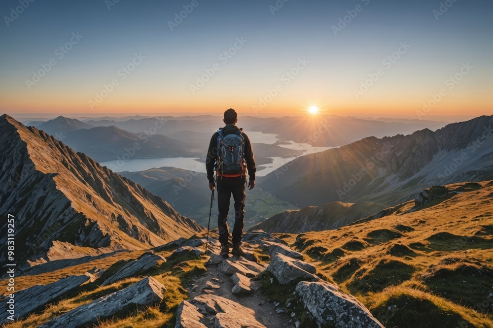 Hiker at sunrise in the mountain
