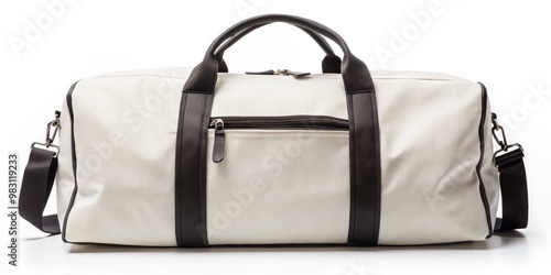 Minimalist Elegance White Leather Duffel Bag with Black Accents on Clean Surface, Showcasing Textured Pebbled Finish, Sleek Handles, and Glossy Shoulder Strap Against Crisp