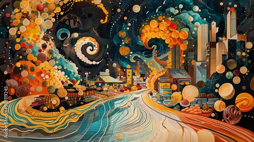 Wallpaper Mural Abstract art with swirling patterns, celestial bodies, and a winding path leading into a mysterious cityscape. Vibrant colors and a cosmic theme. Torontodigital.ca