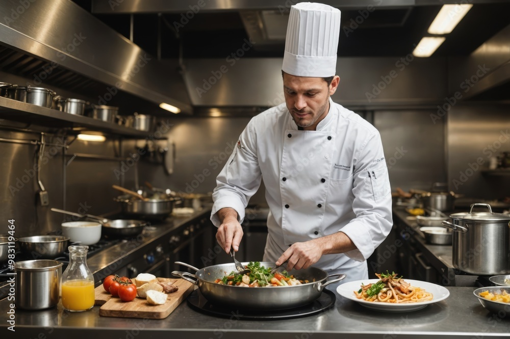 Chef cooking dish in restaurant Chef cooking dish in restaurant