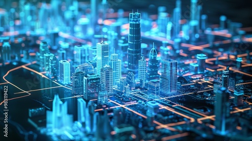 Futuristic Cityscape with Illuminated Skyscrapers and Digital Network Patterns