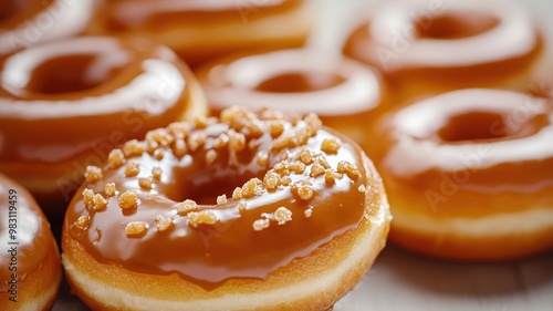 Delicious caramel glazed donut topped with crunchy pieces, perfect for dessert lovers and food photography.